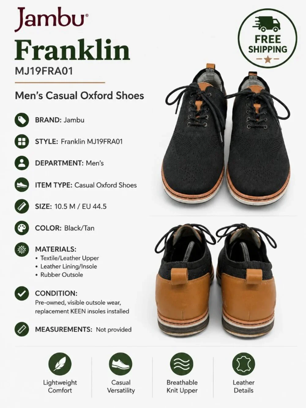 Jambu Franklin MJ19FRA01 Men's 10.5M Black Tan Knit Leather Oxford Shoes
